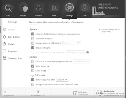 Settings panel: Configure scan depth, heuristics, and automation
