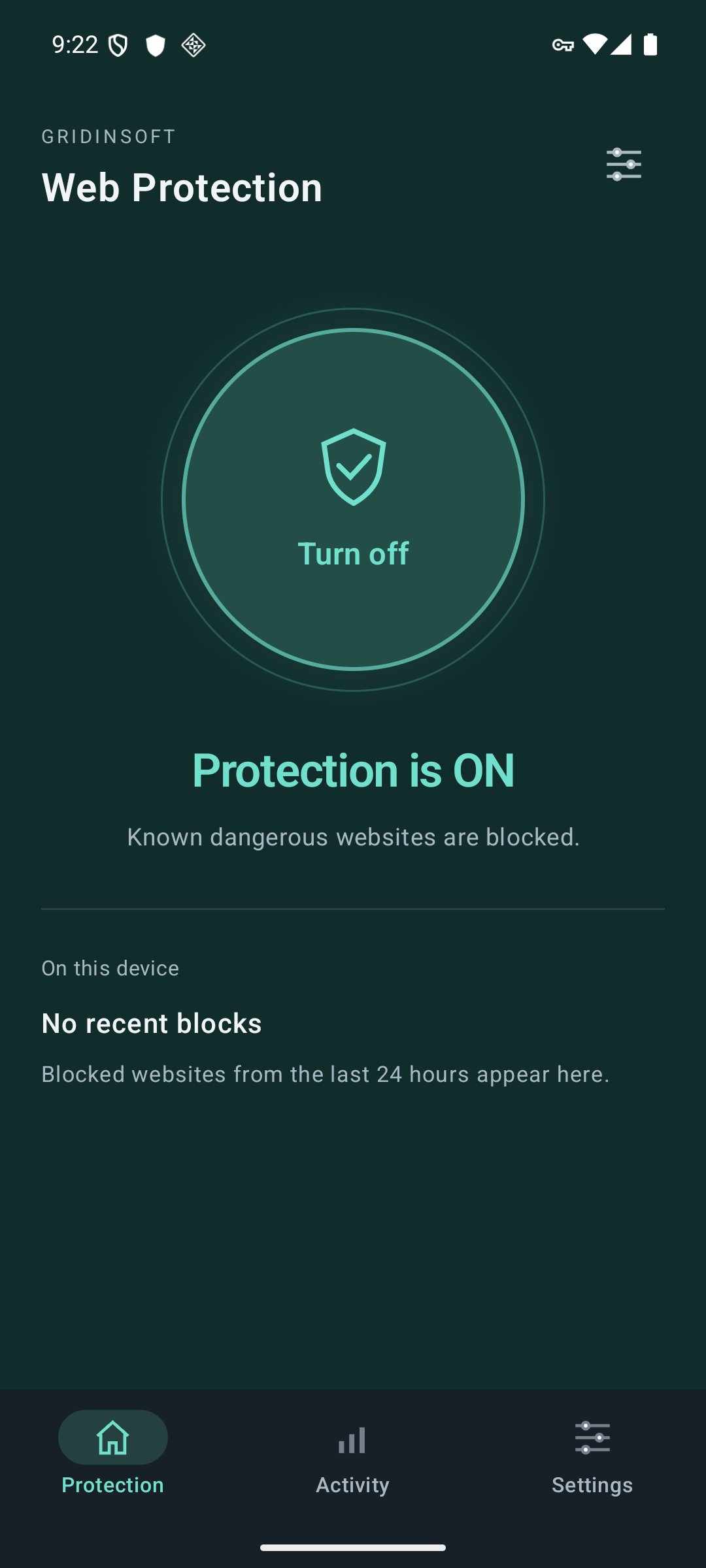 Gridinsoft Web Protection auf Android mit dem Status Protection is ON und einer großen Schaltfläche Turn off