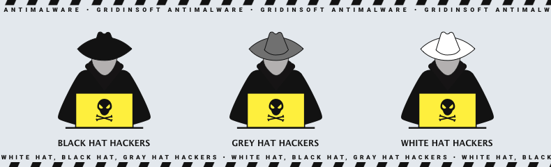 Hacker mit weißem Hut, schwarzem Hut, grauem Hut