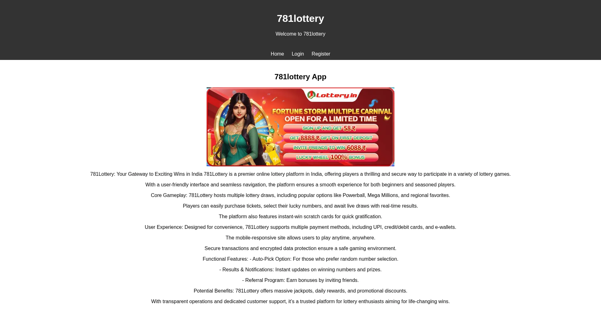 Website screenshot of 781lottery.icu