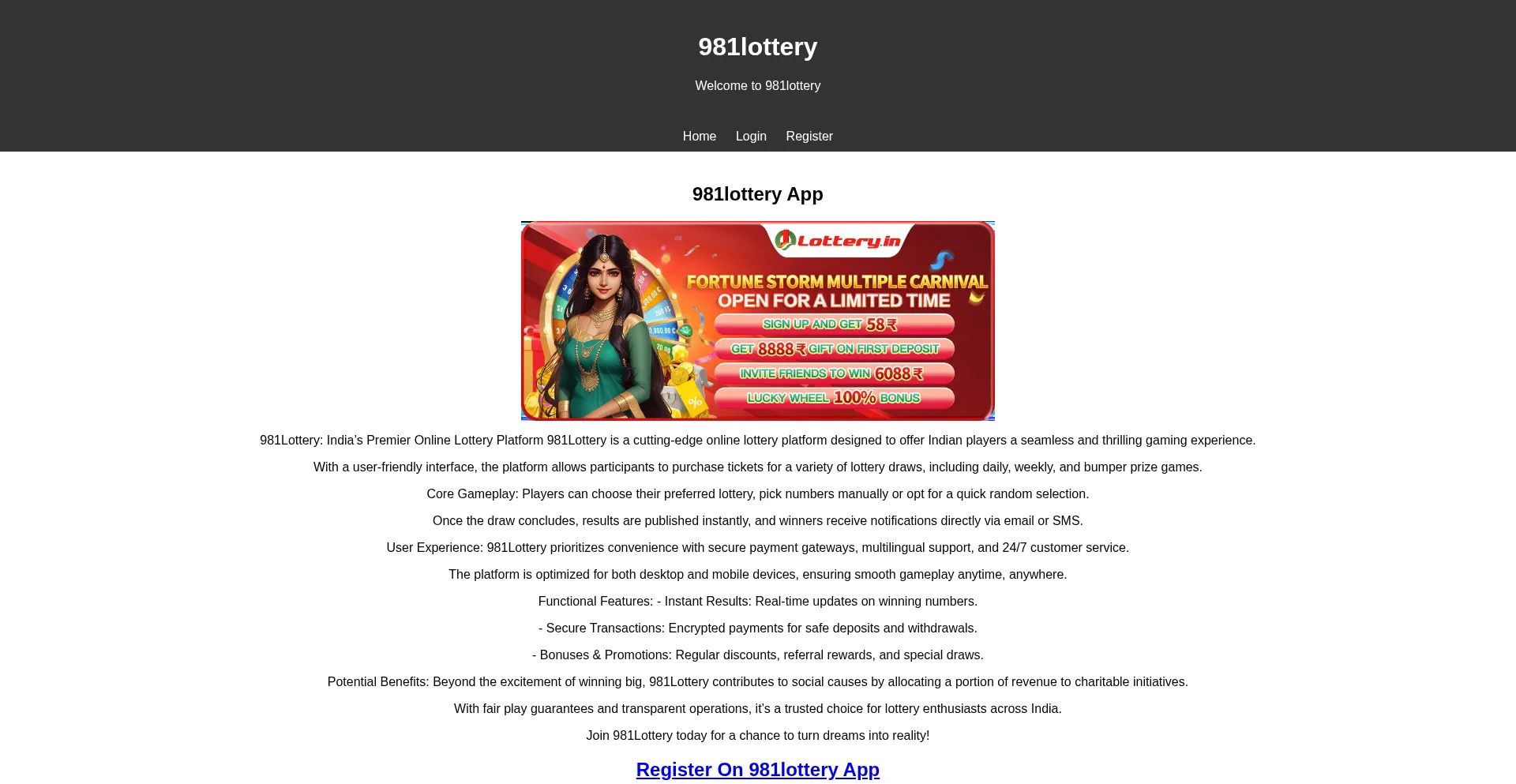 Website screenshot of 981lottery.icu
