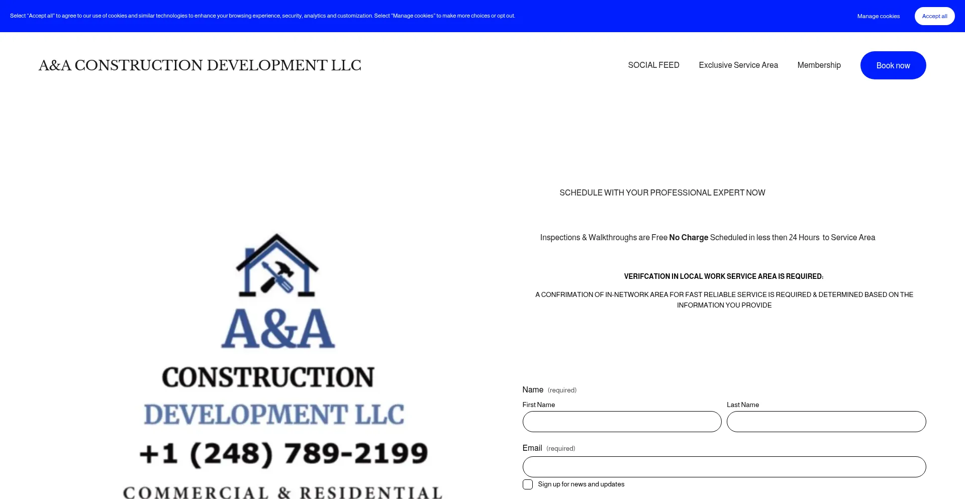 Website screenshot of Aaconstructiondevelopmentllc.com