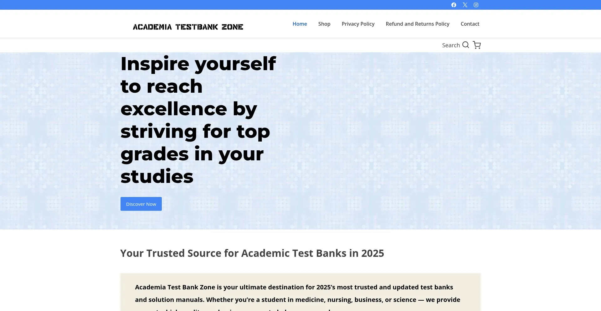 Website screenshot of Academiatestbankzone.com