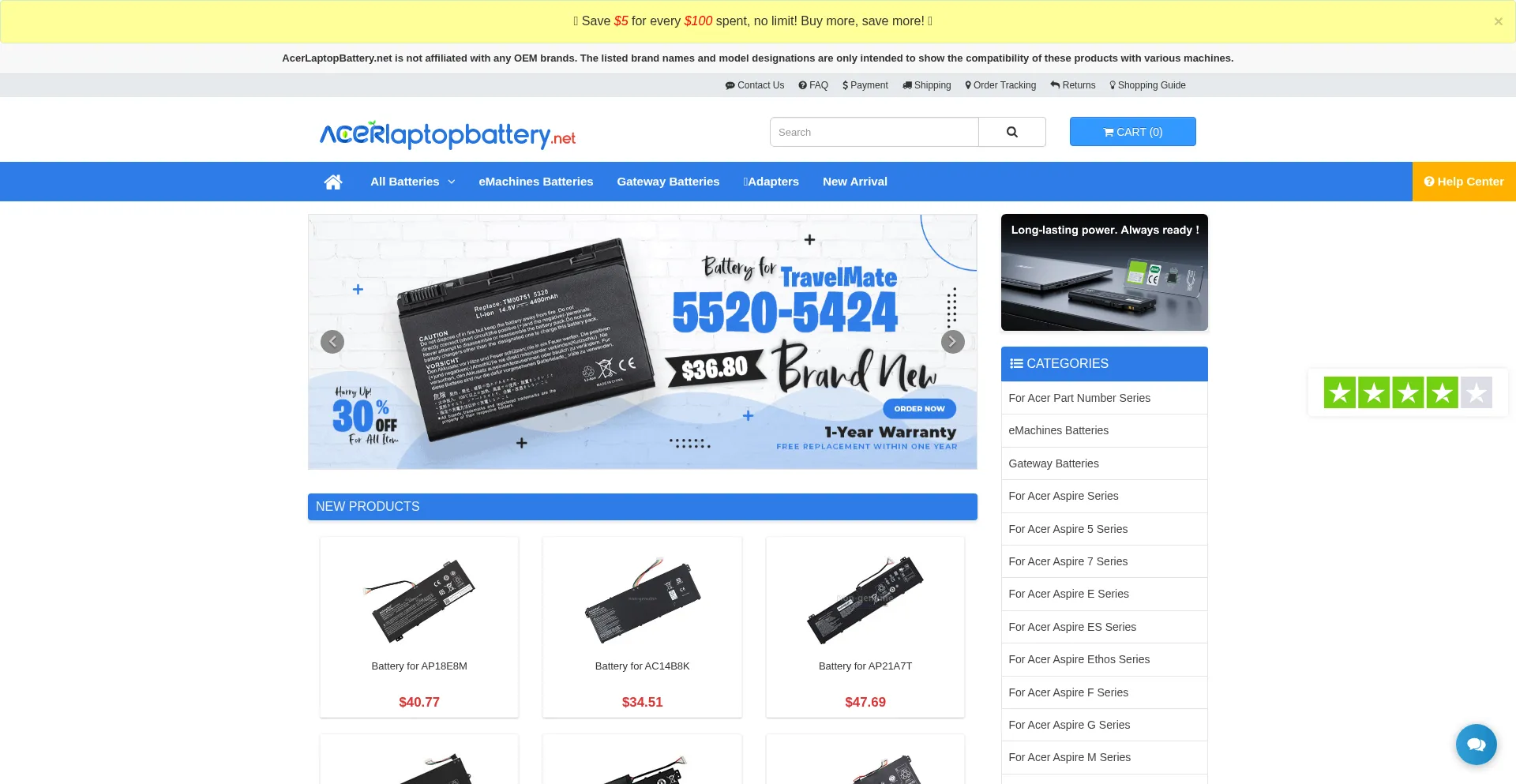 Website screenshot of Acerlaptopbattery.net