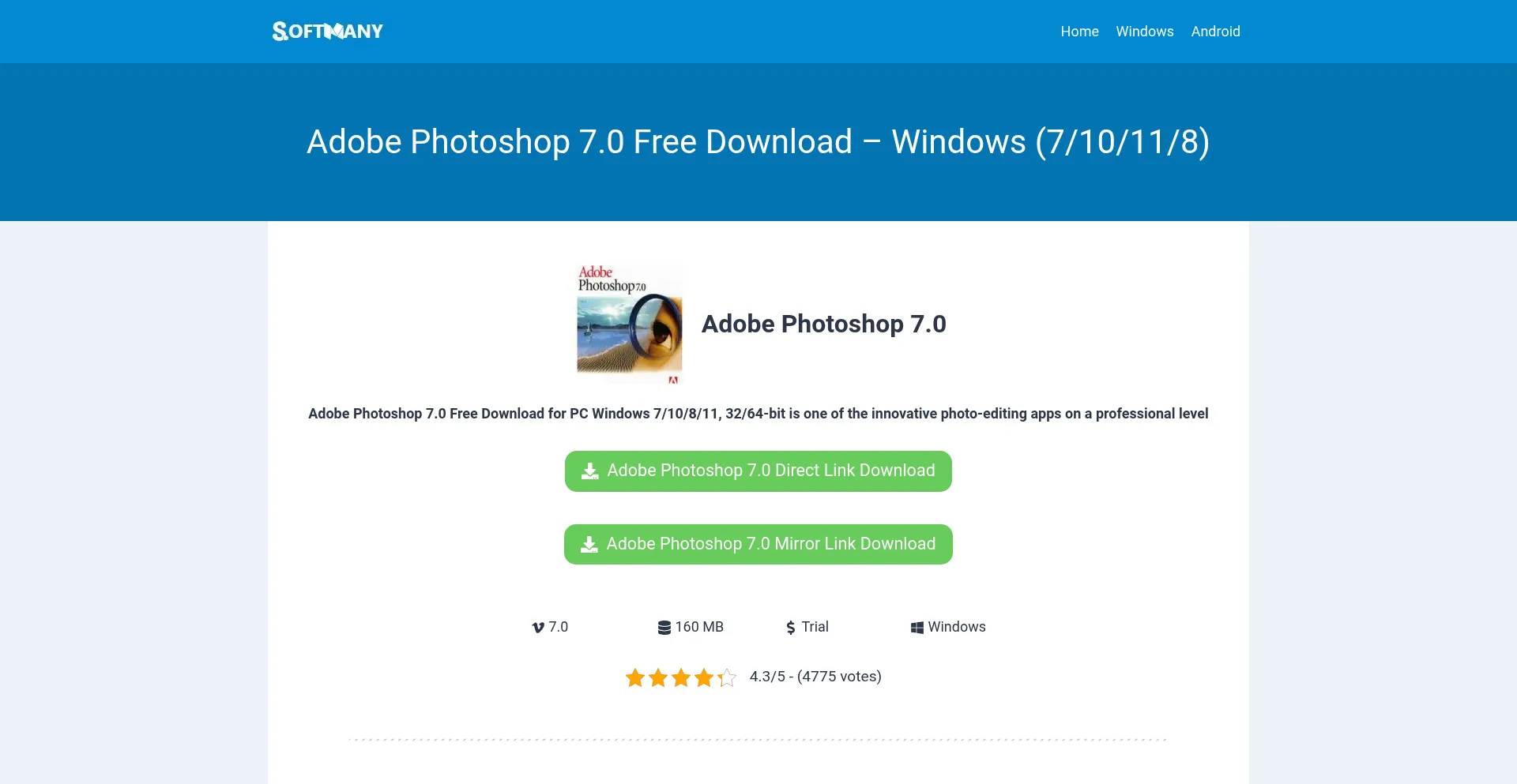 Website screenshot of Adobe-photoshop-7-0.en.softmany.com