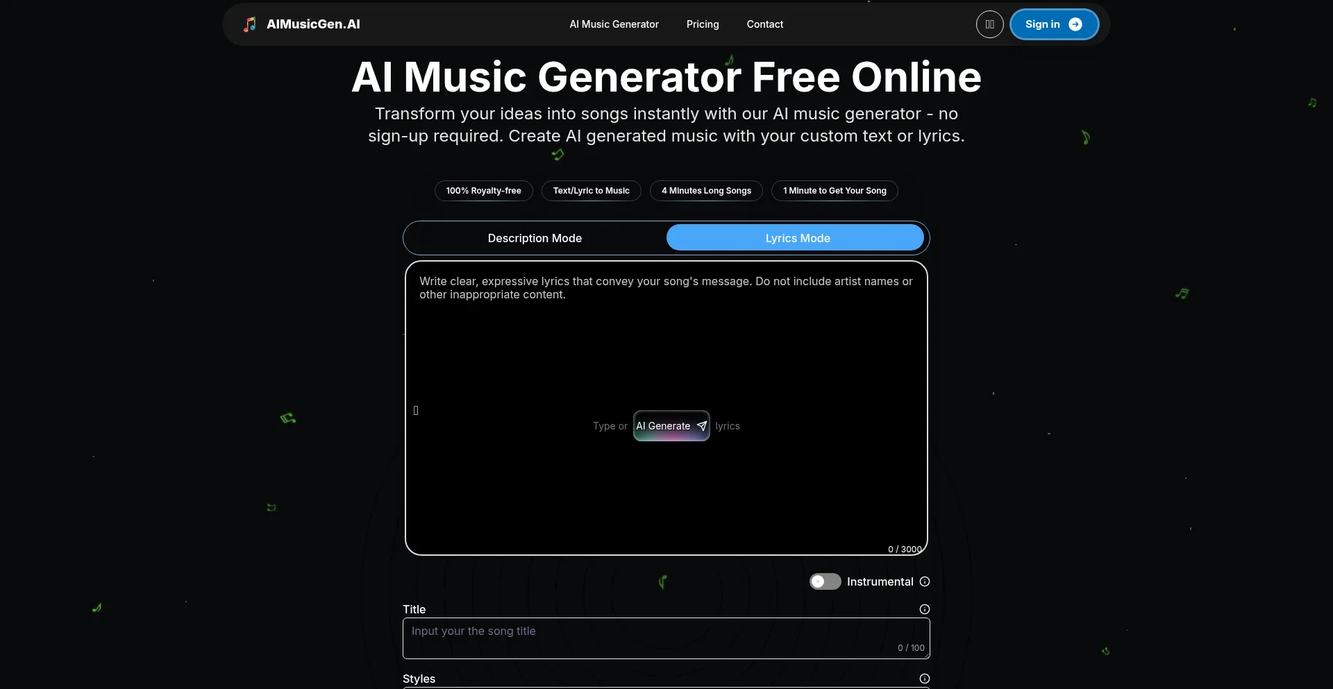 Website screenshot of Aimusicgen.ai