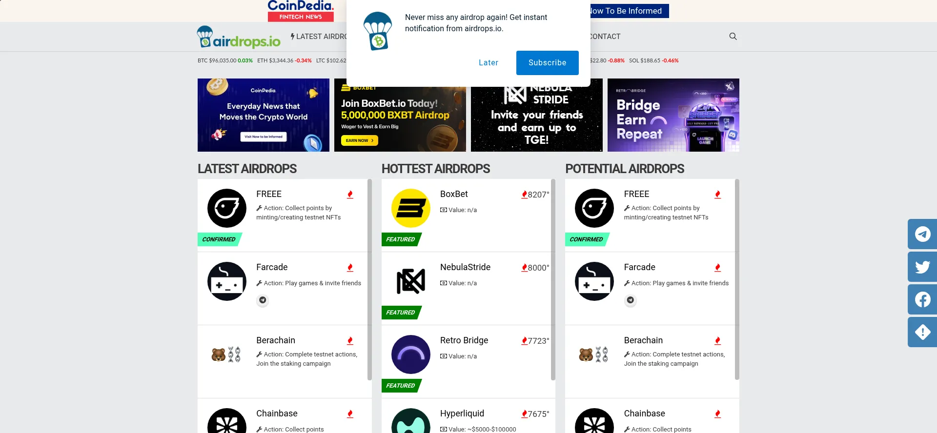 Website screenshot of Airdrops.io
