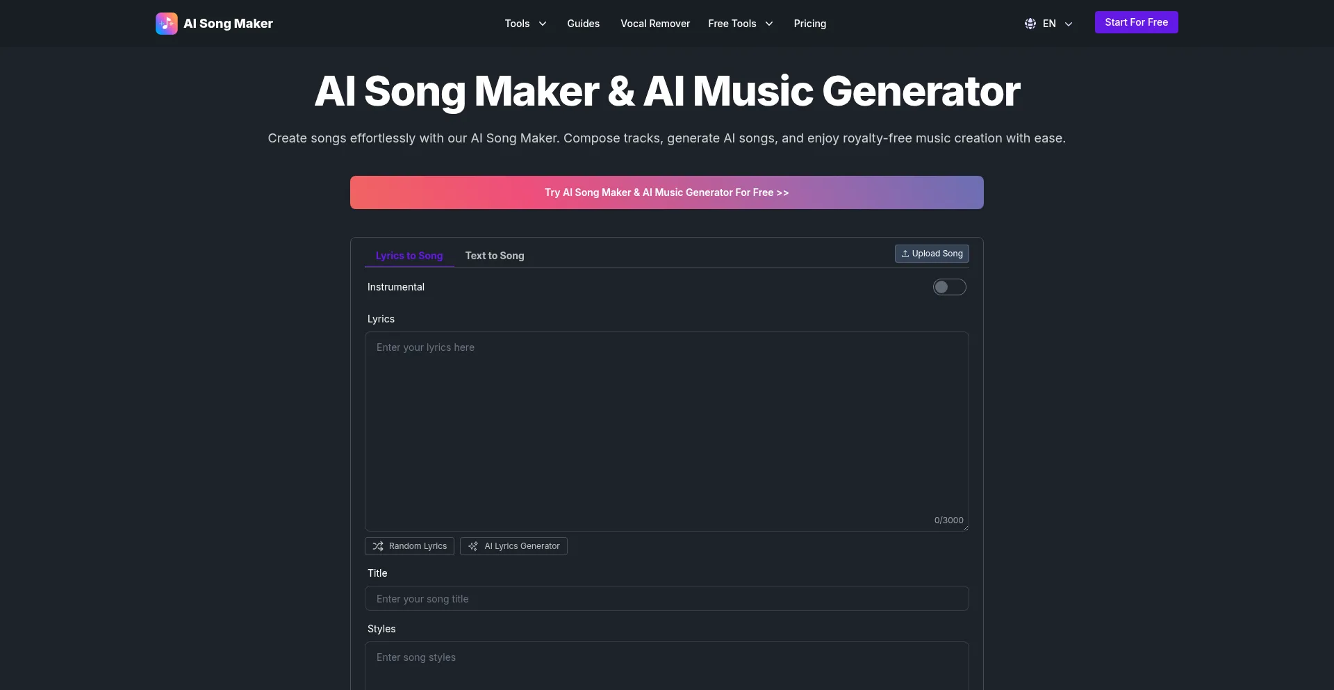 Website screenshot of Aisongmaker.io