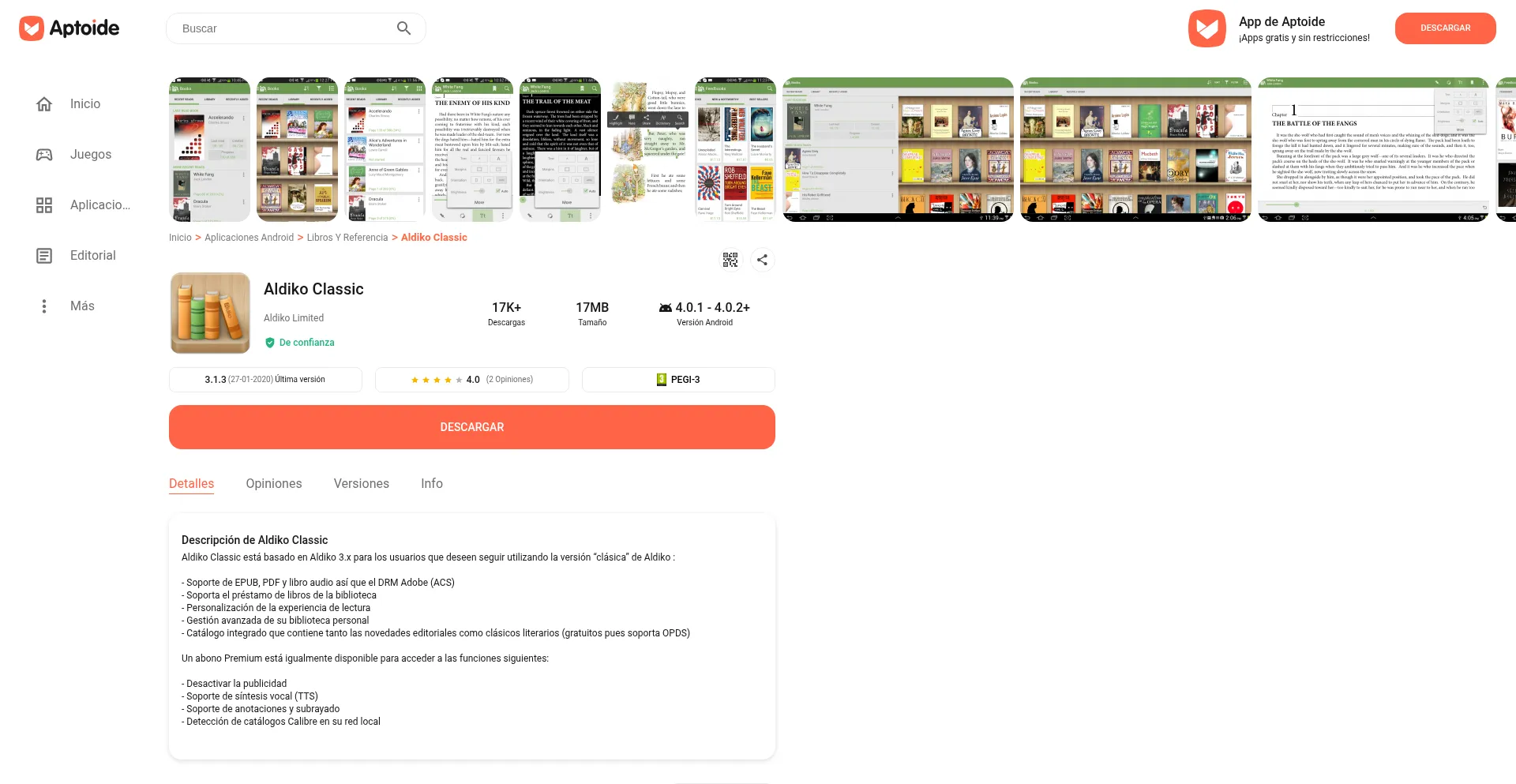 Website screenshot of Aldiko-classic.es.aptoide.com