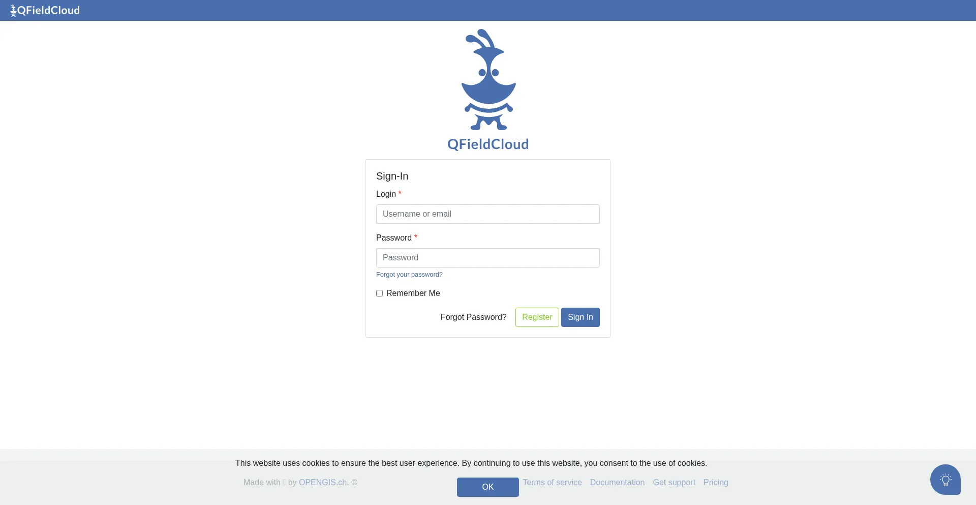 Website screenshot of App.qfield.cloud