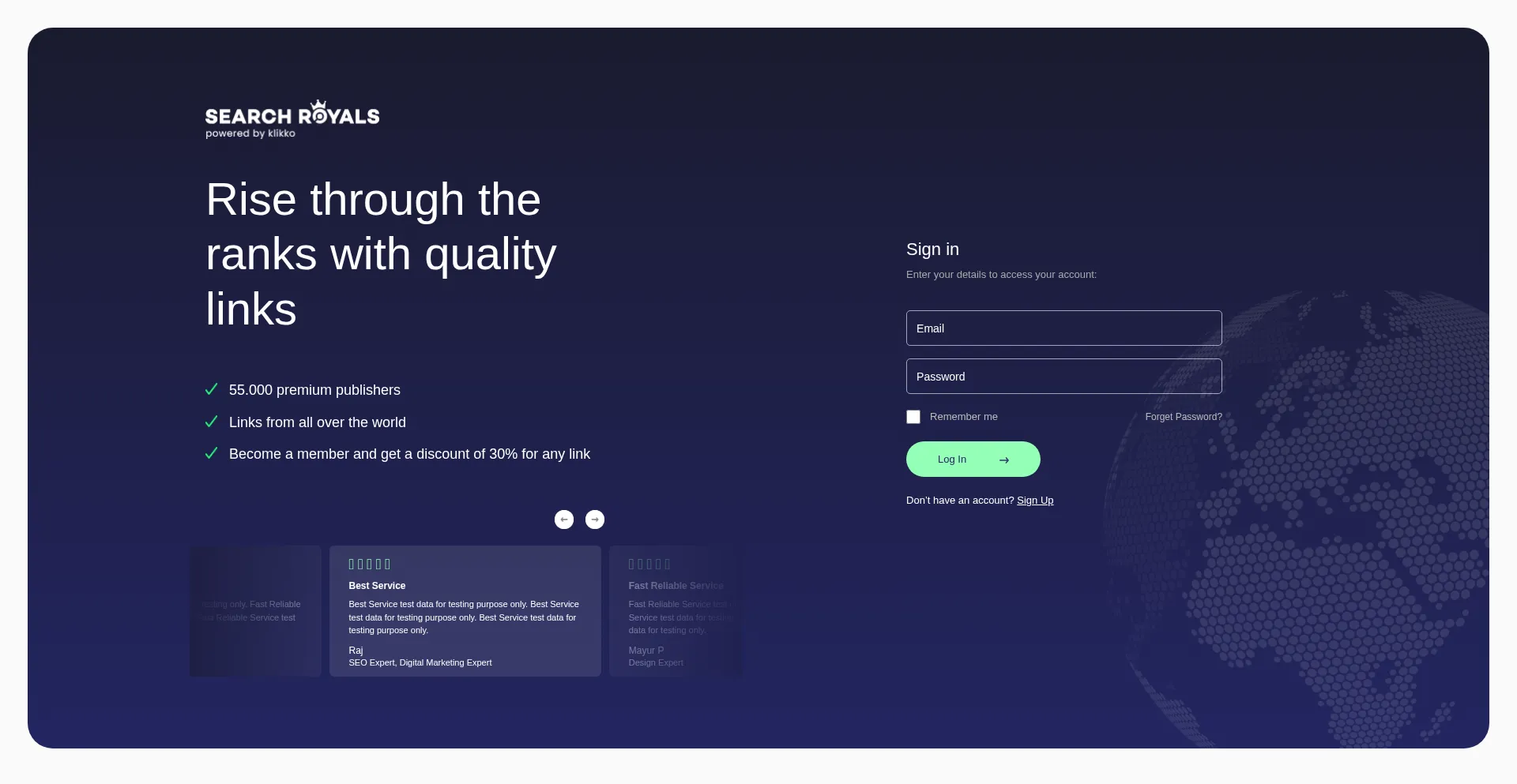 Website screenshot of App.searchroyals.com