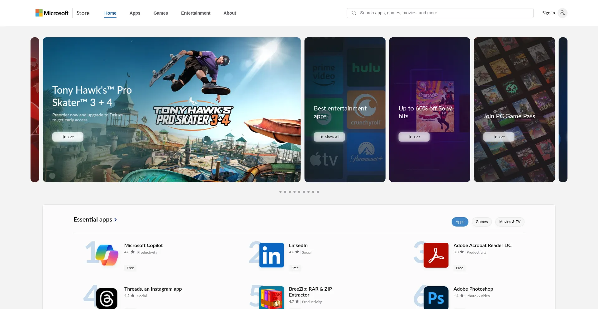 Website screenshot of Apps.microsoft.com