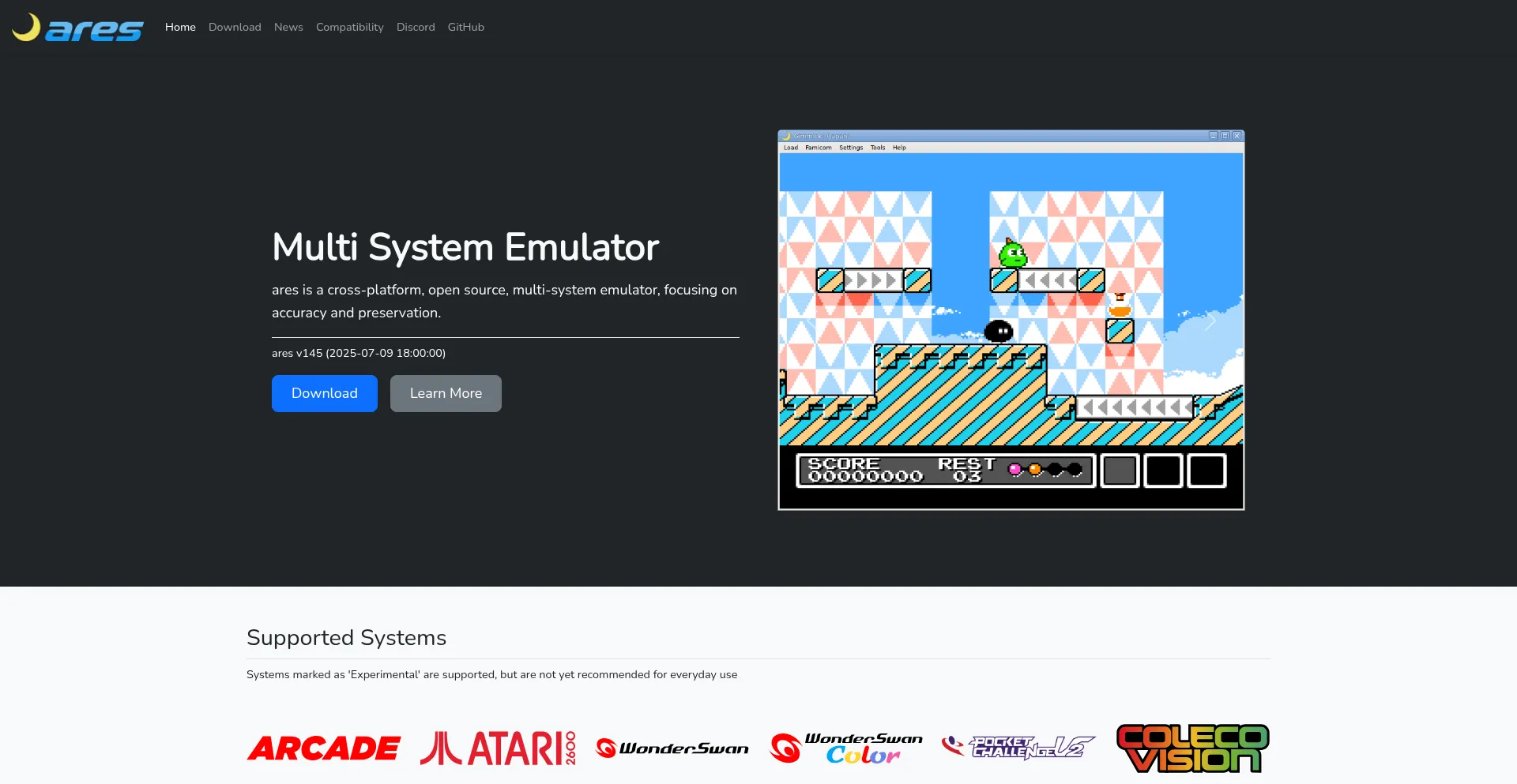 Website screenshot of Ares-emu.net