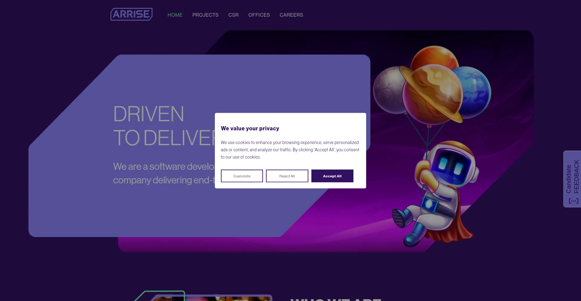 Website screenshot of Arrise.com