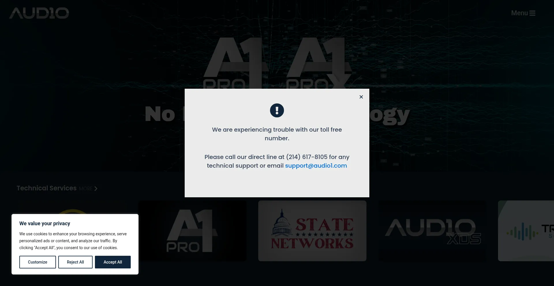Website screenshot of Audio1.com