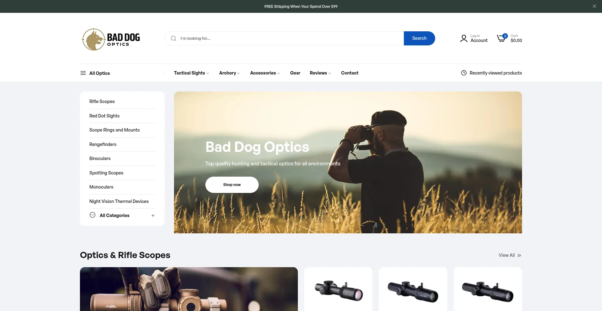 Website screenshot of Baddogoptics.com