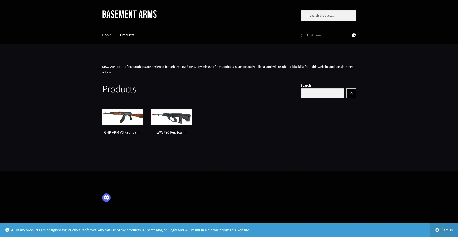 Website screenshot of Basementarms.com