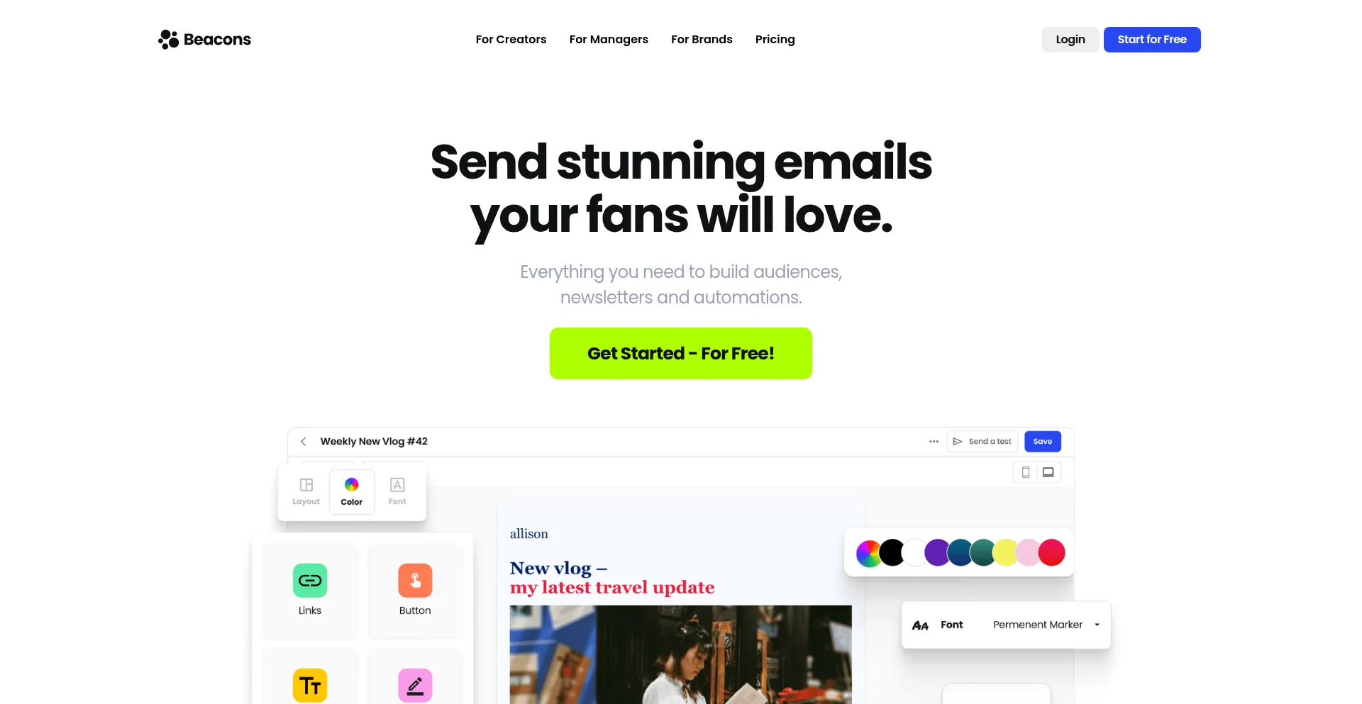Website screenshot of Beacons.email