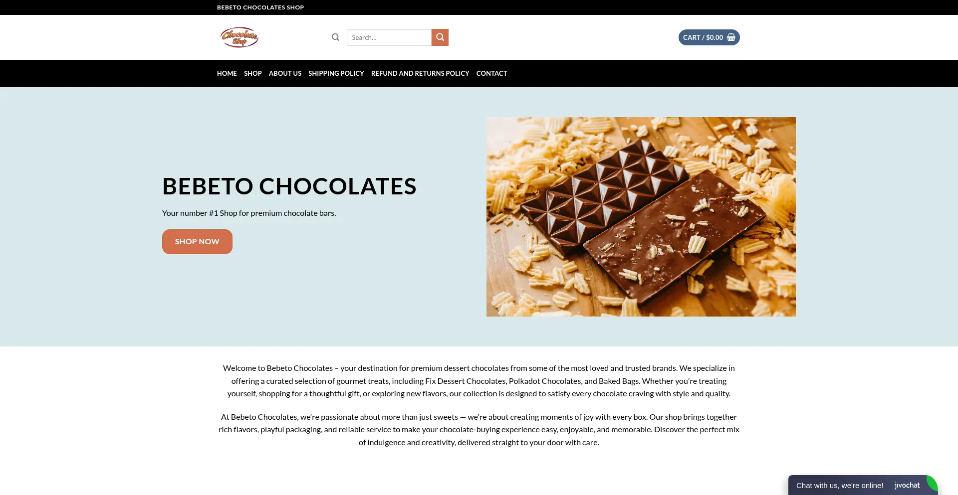 Website screenshot of Bebetochocolates.shop