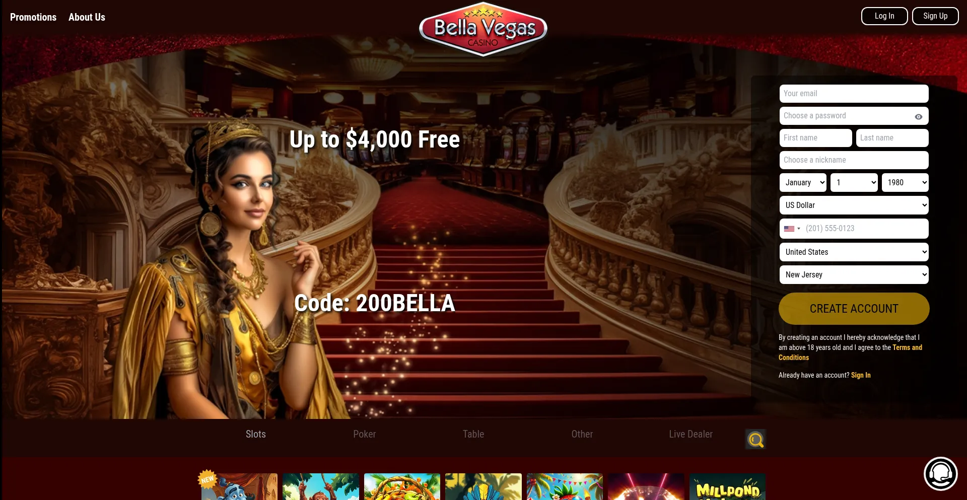 Website screenshot of Bellavegas.com