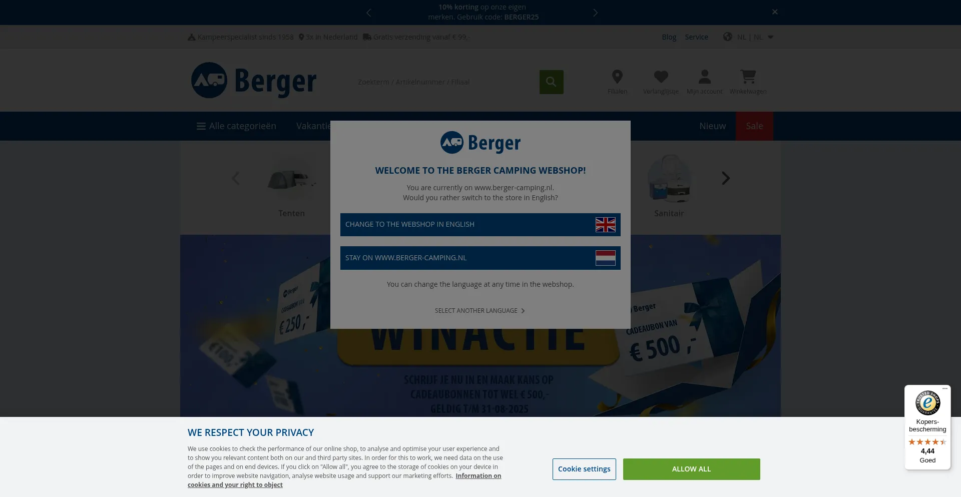 Website screenshot of Berger-camping.nl