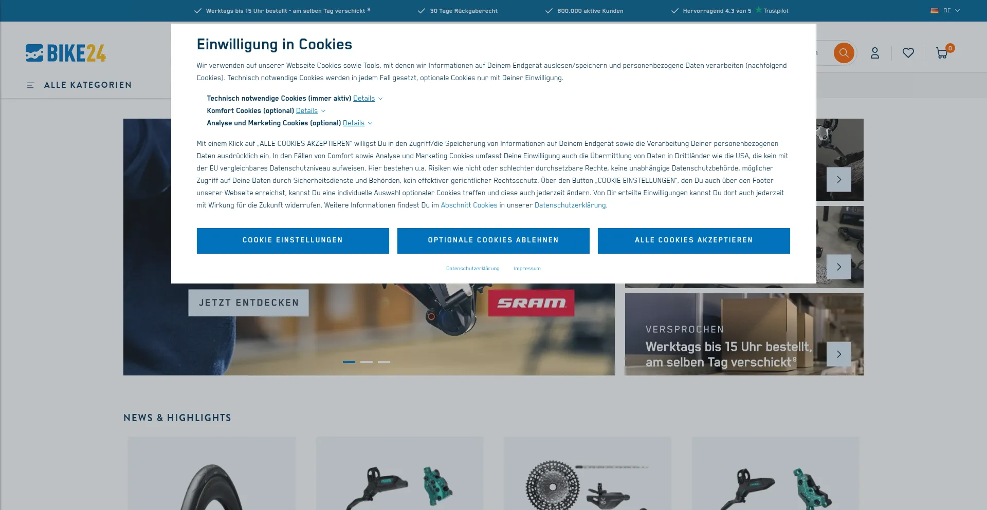 Website screenshot of Bike24.de