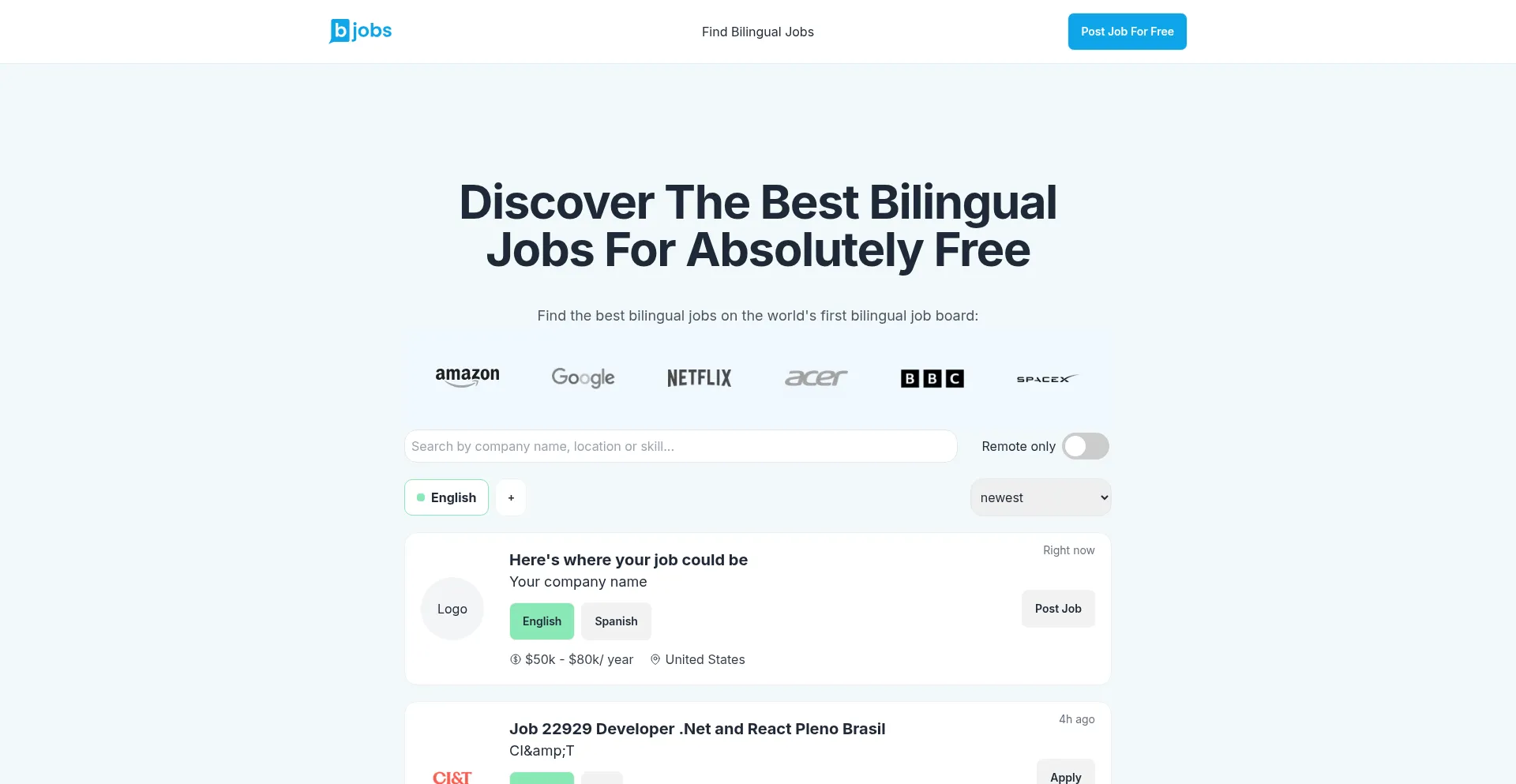 Website screenshot of Bilingualjobs.io