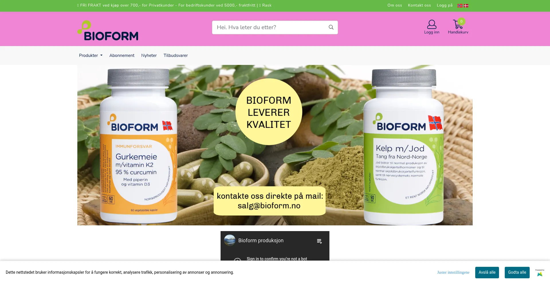 Website screenshot of Bioform.no