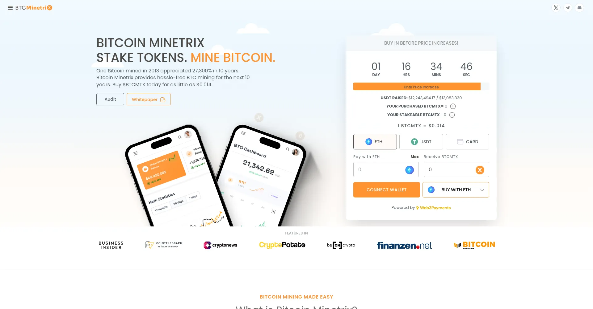 Website screenshot of Bitcoinminetrix.com