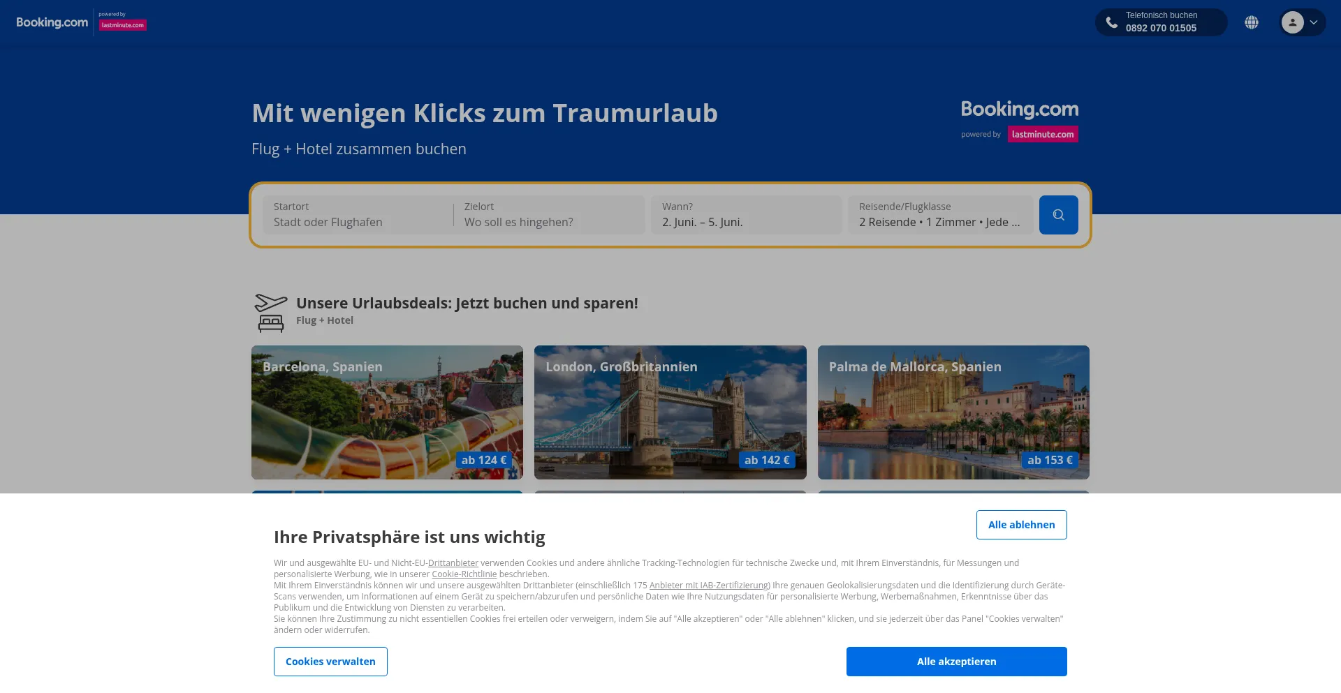Website screenshot of Booking-dp.lastminute.de
