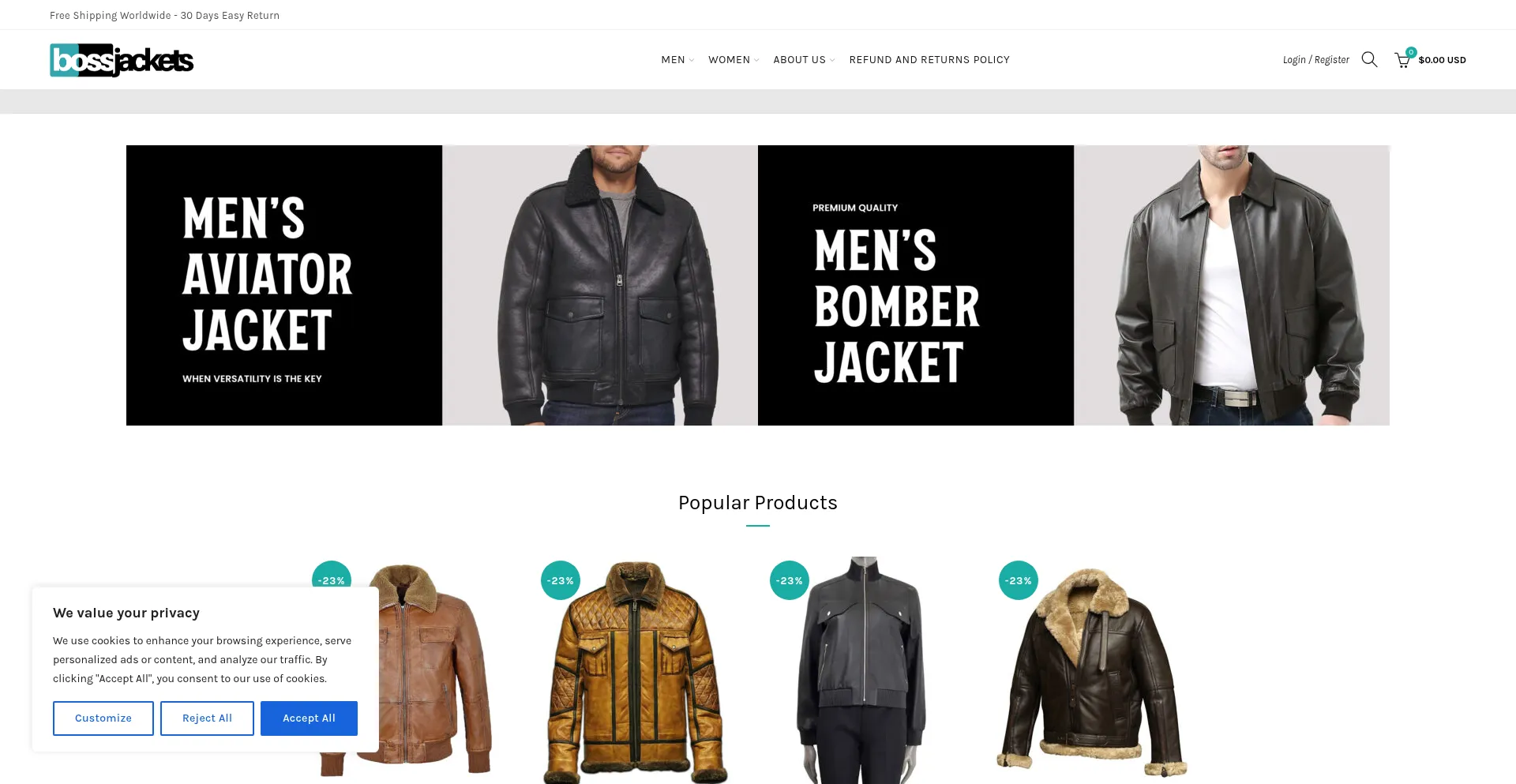 Website screenshot of Bossjackets.com