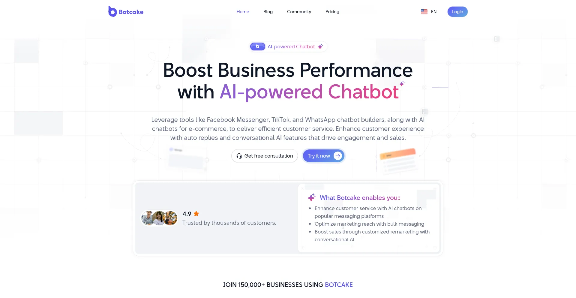 Website screenshot of Botcake.io