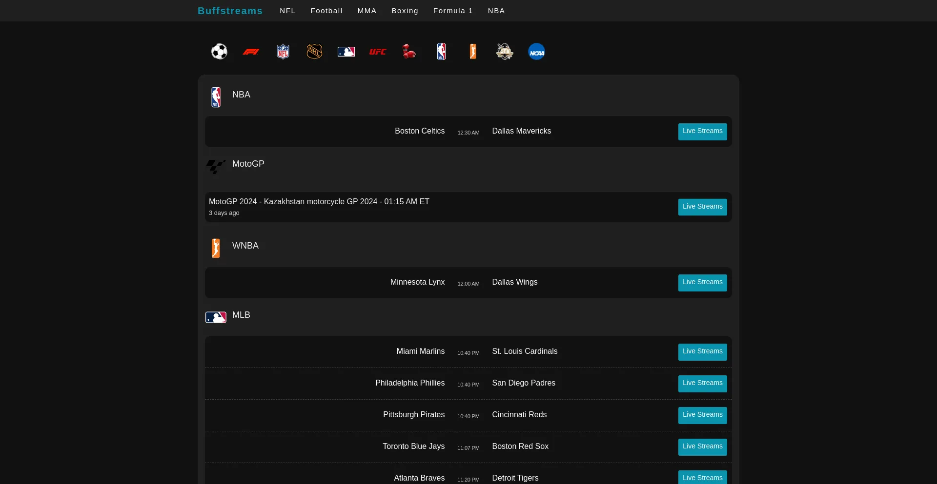 Website screenshot of Buffstreams.ai