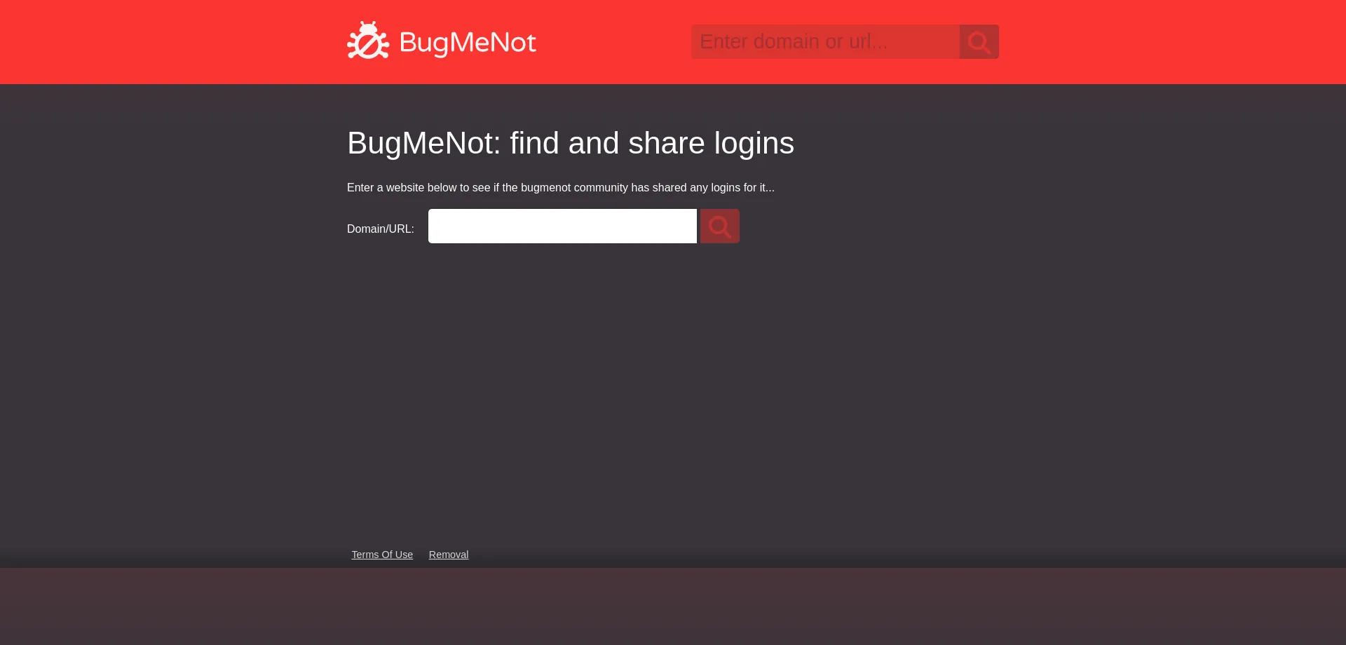 Website screenshot of Bugmenot.com