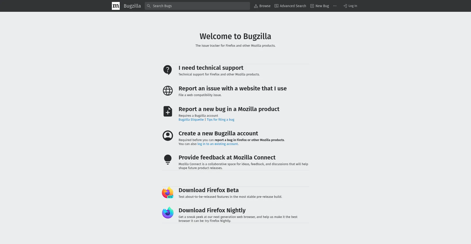 Website screenshot of Bugzilla.mozilla.org