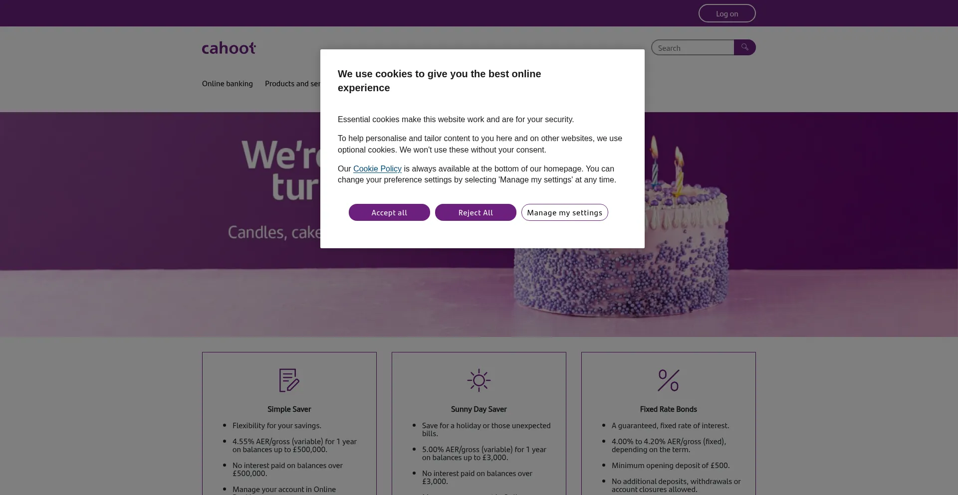 Website screenshot of Cahoot.com