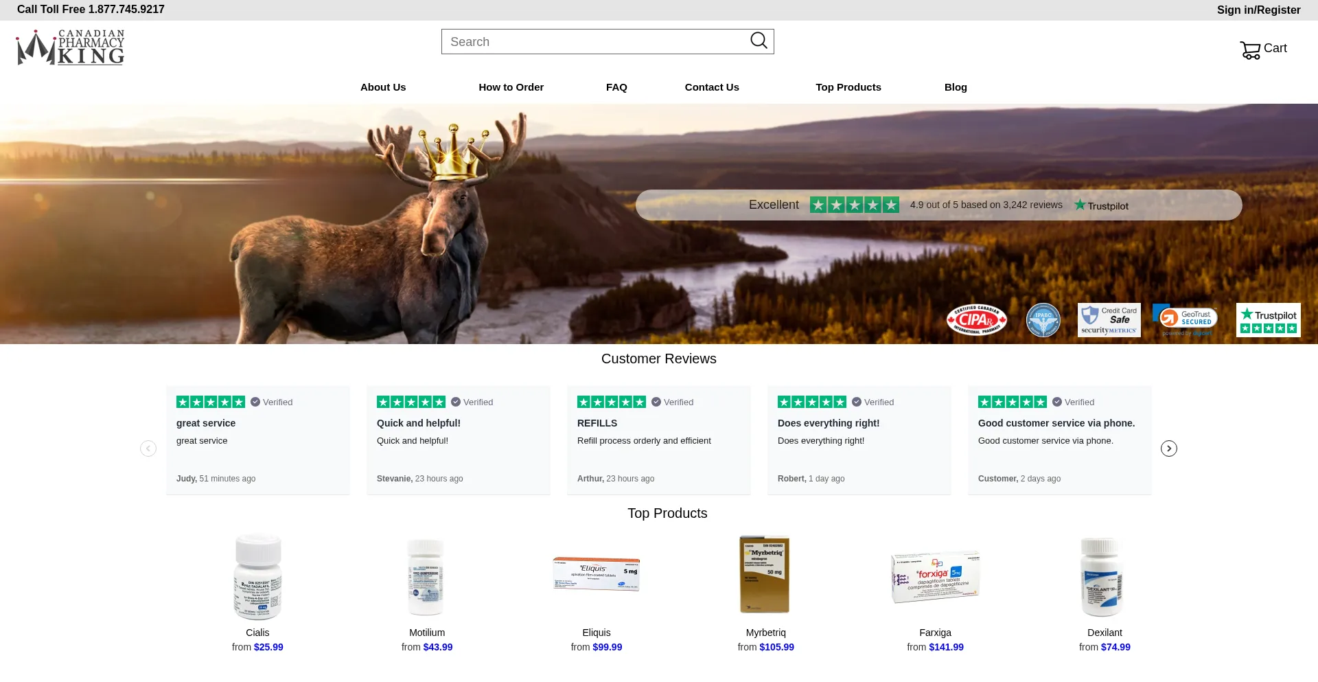 Website screenshot of Canadianpharmacyking.com