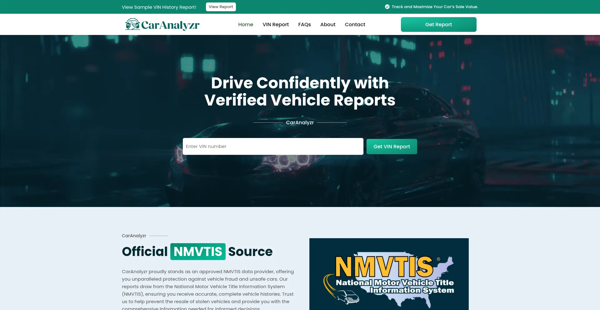 Website screenshot of Caranalyzr.com