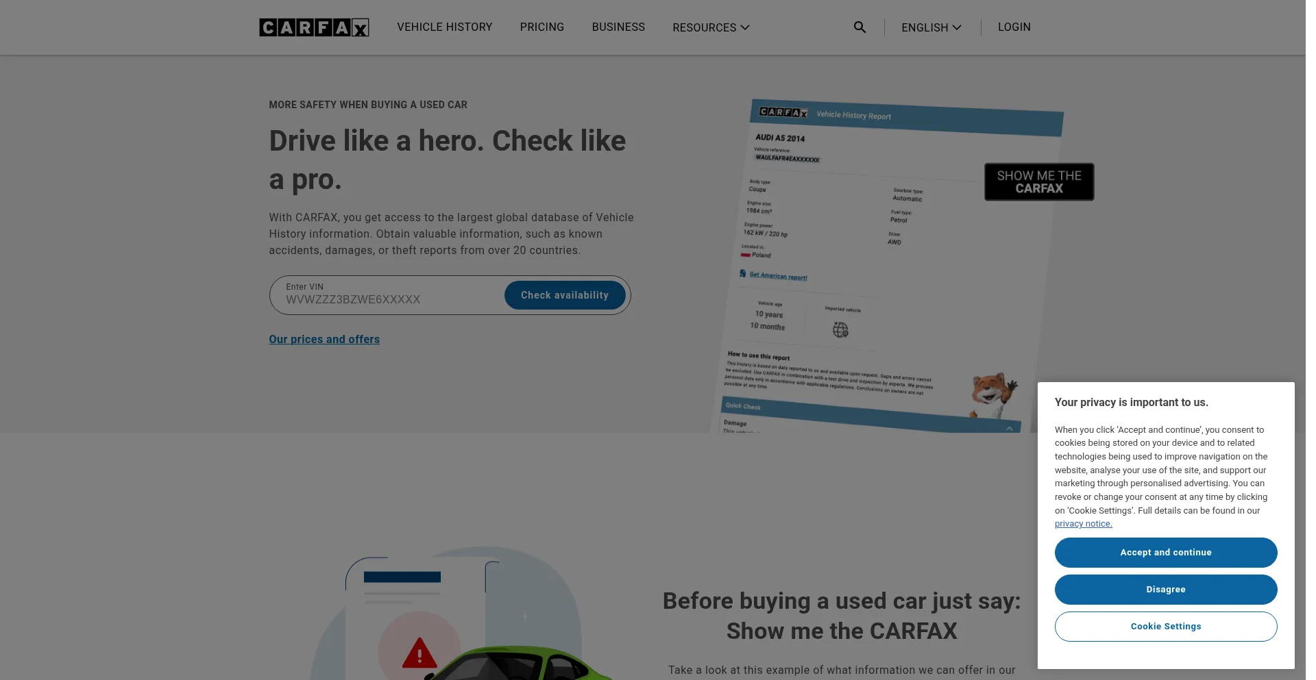 Website screenshot of Carfax.eu