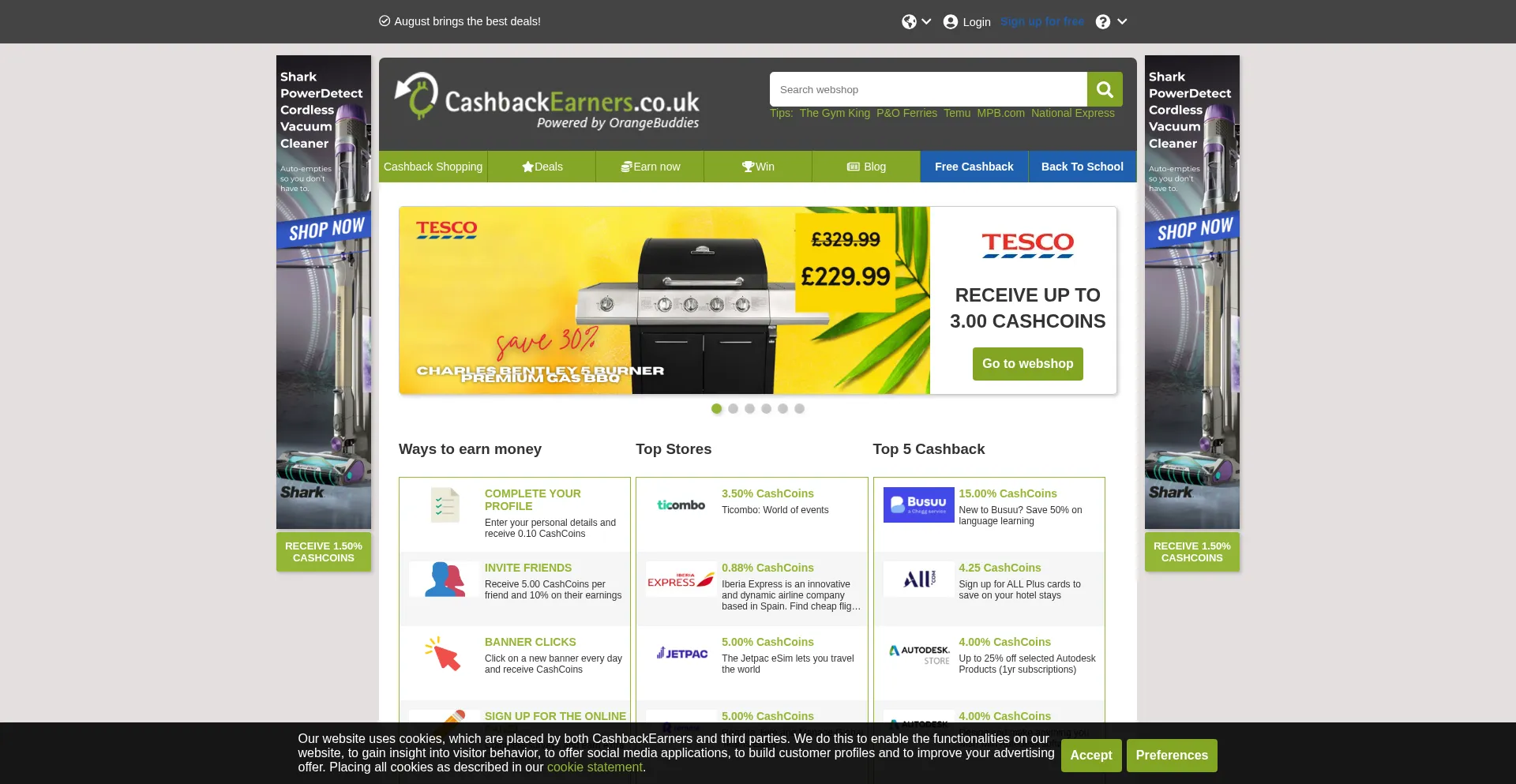 Website screenshot of Cashbackearners.co.uk