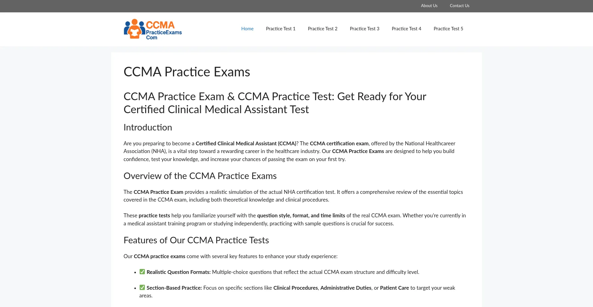 Website screenshot of Ccmapracticeexams.com