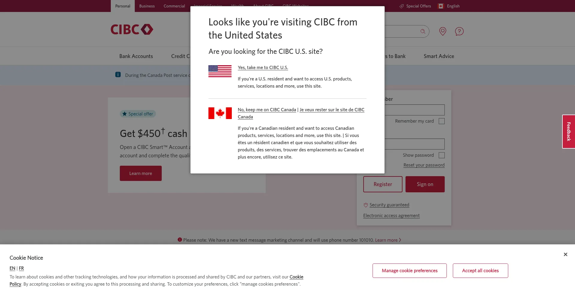 Website screenshot of Cibc.ca