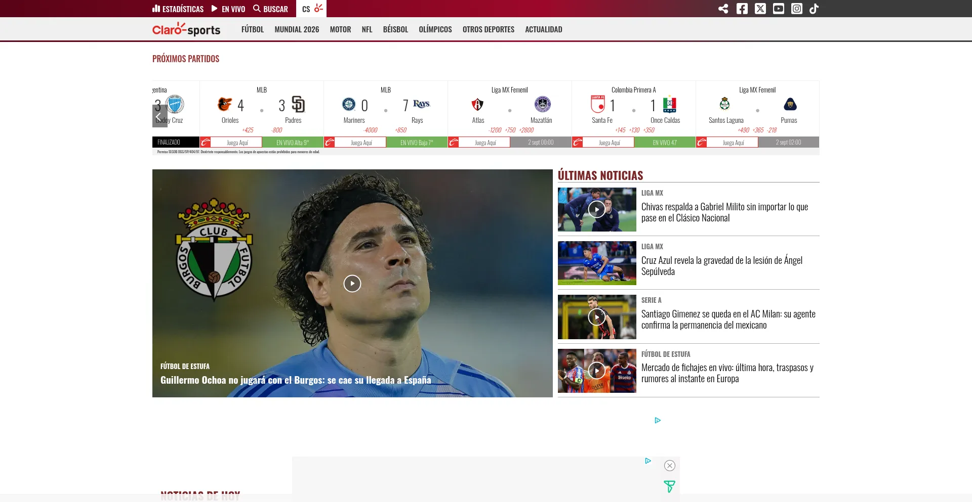Website screenshot of Clarosports.com