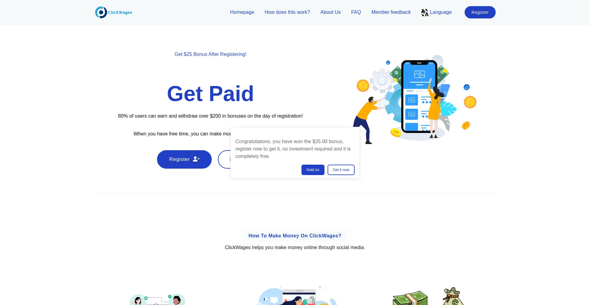 Website screenshot of Click0tpwages.buzz
