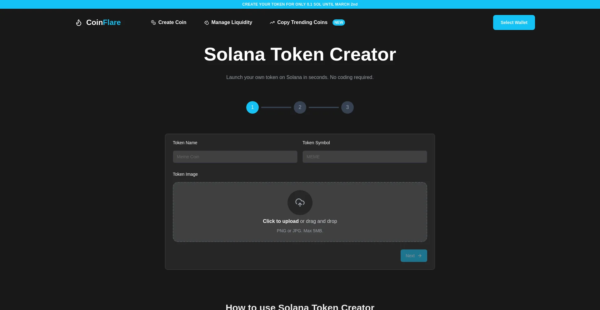 Website screenshot of Coinflare.fun