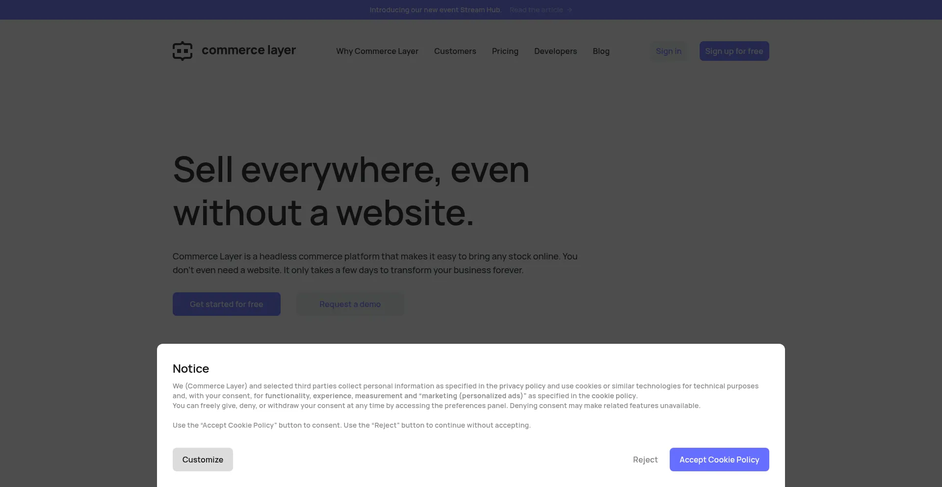 Website screenshot of Commercelayer.io