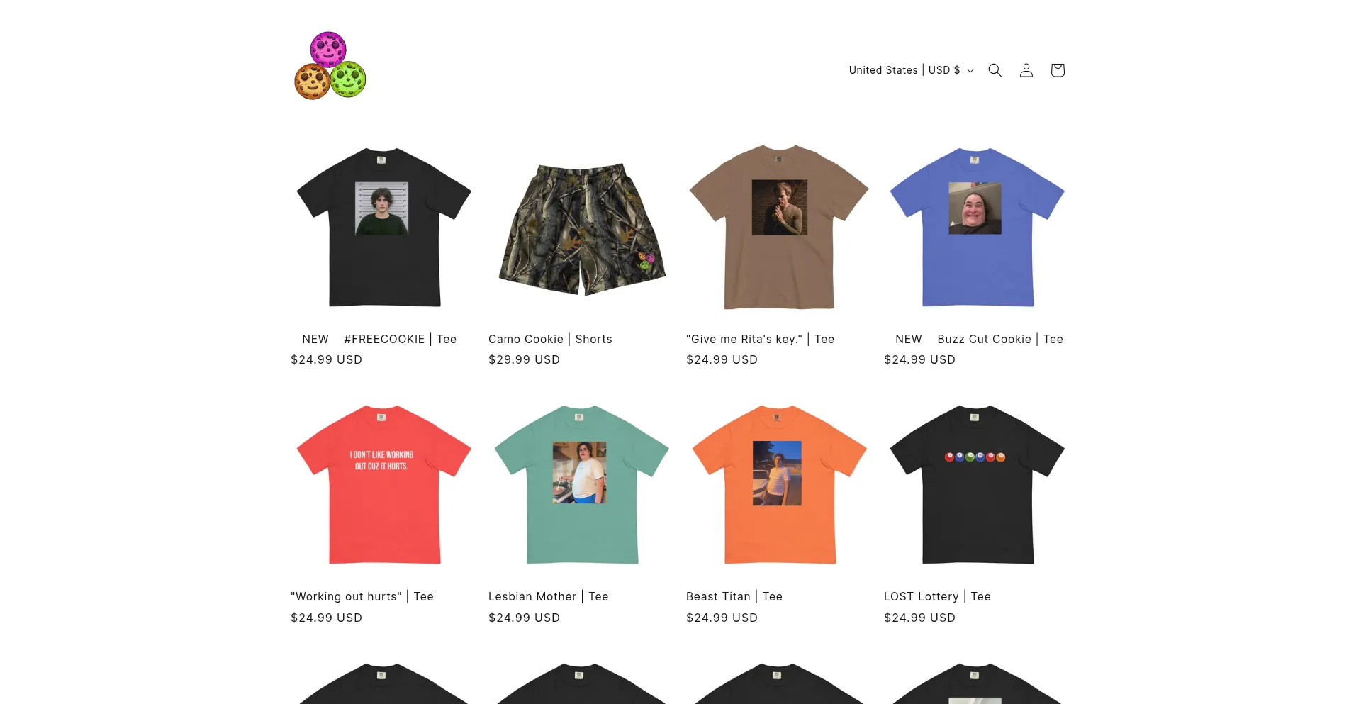 Website screenshot of Cookieshirts.com