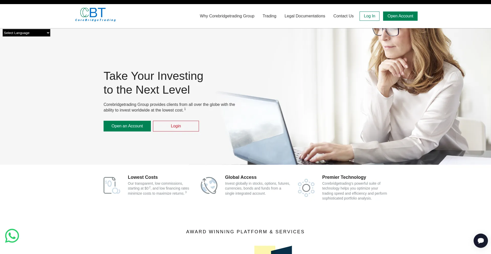 Website screenshot of Corebridgetrading.com