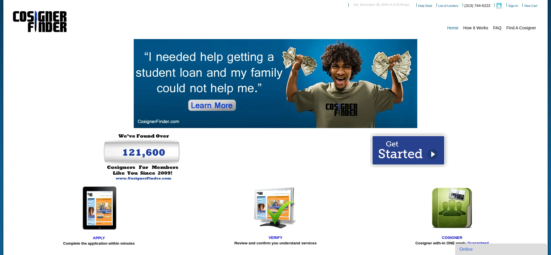 Website screenshot of Cosignerfinder.com