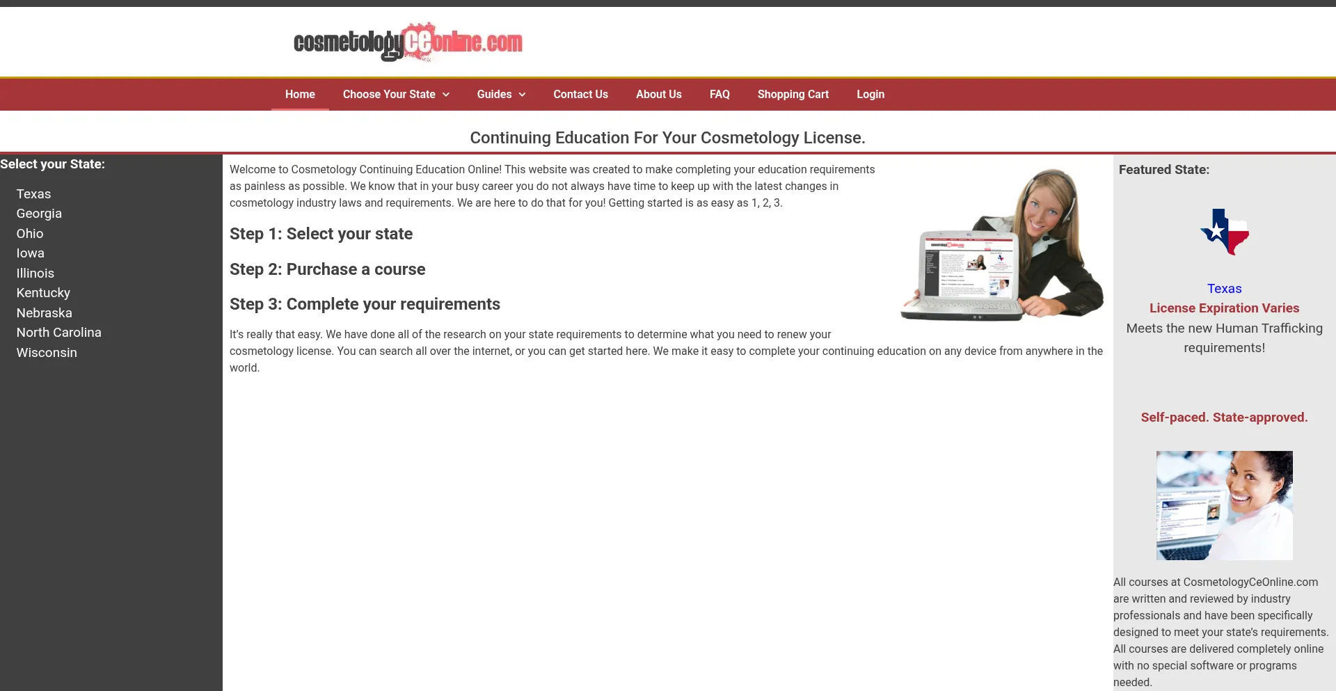 Website screenshot of Cosmetologyceonline.com